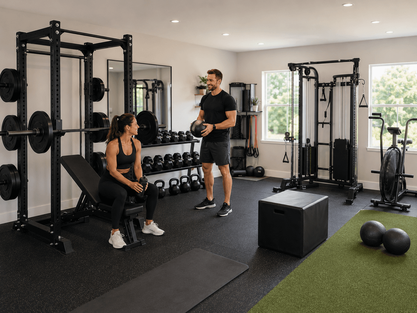 Private coaching studio with dumbbells and clean training equipment