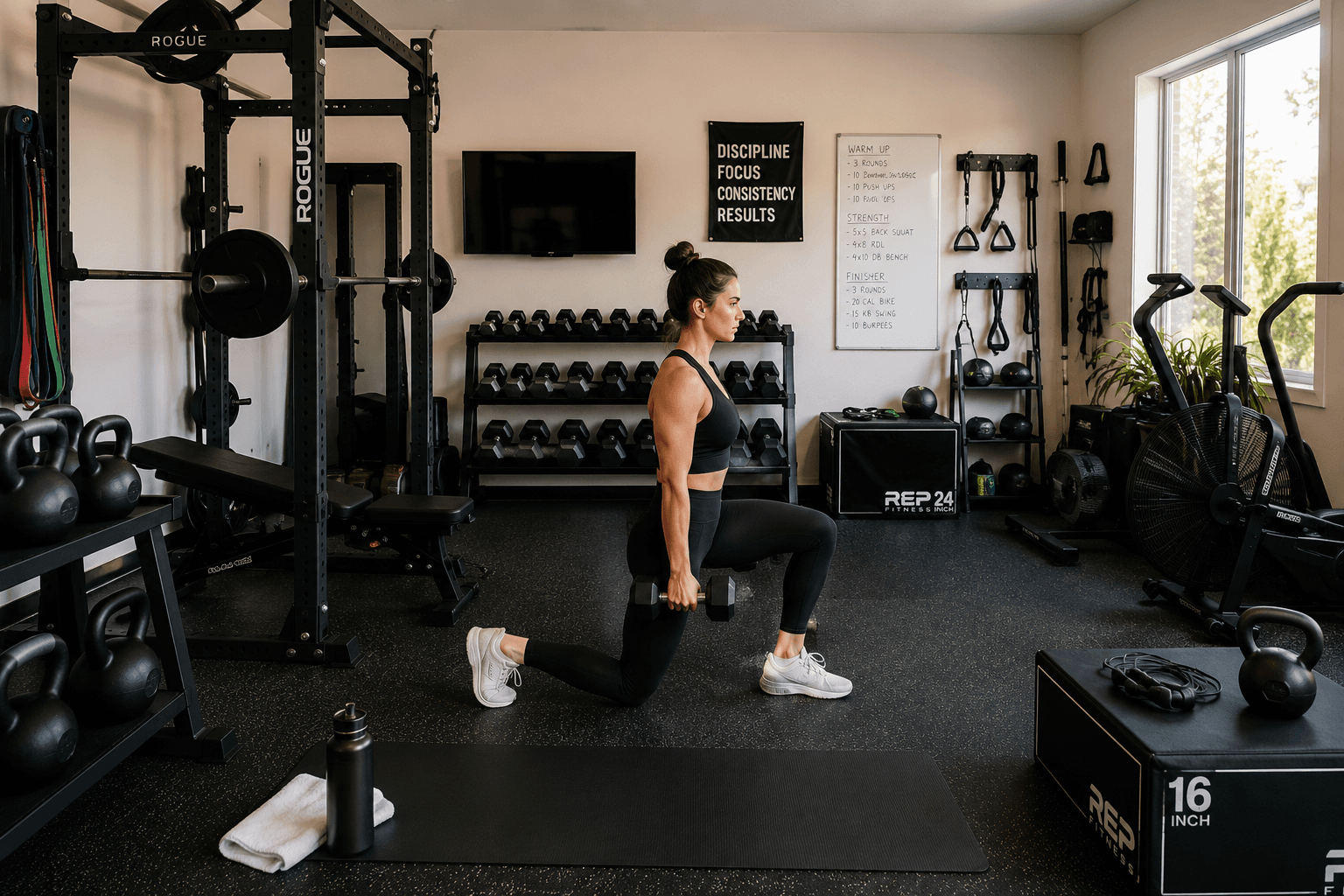 Private garage gym with barbell rack and conditioning equipment