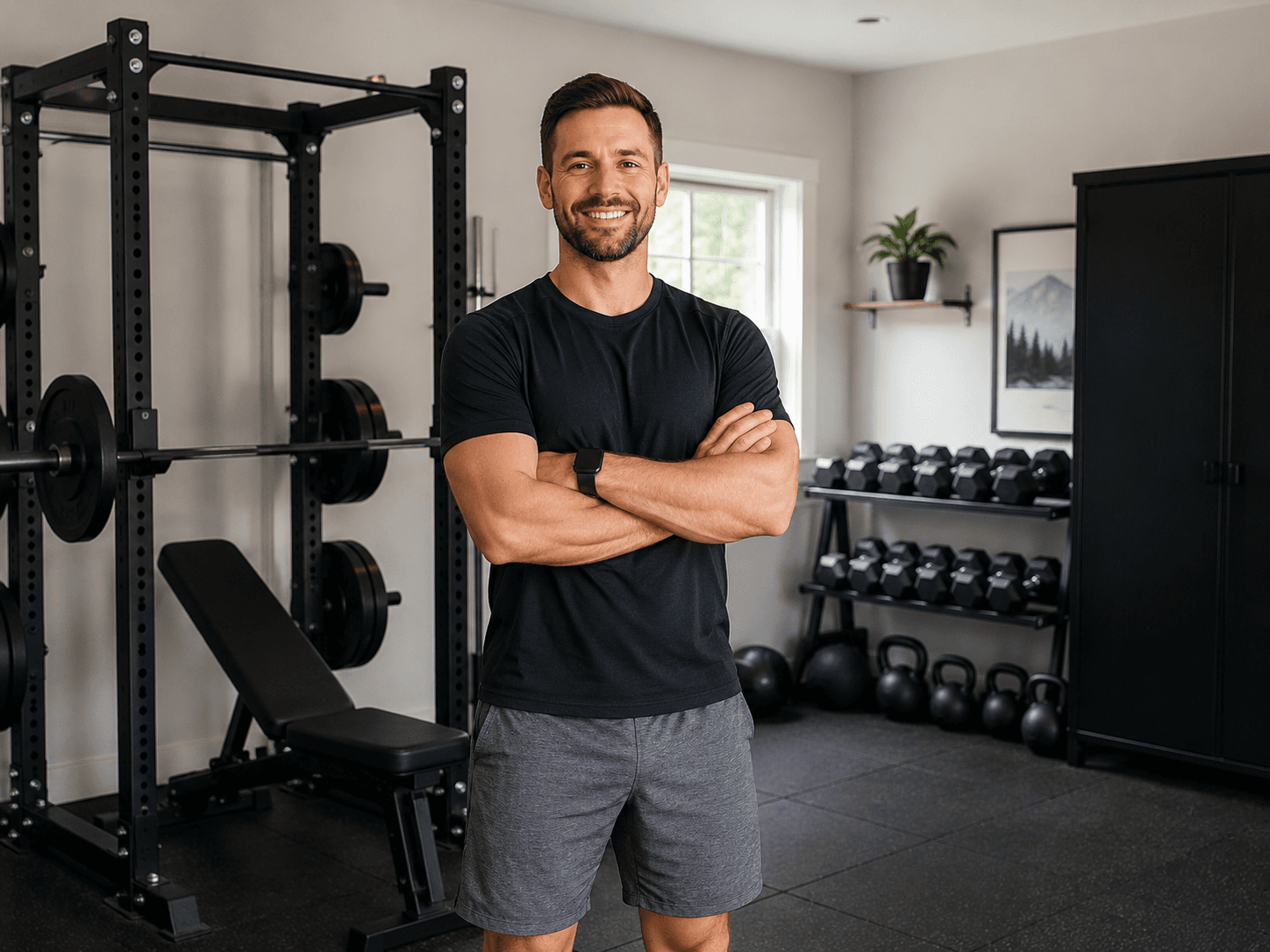 Private garage strength gym with rack and organized equipment