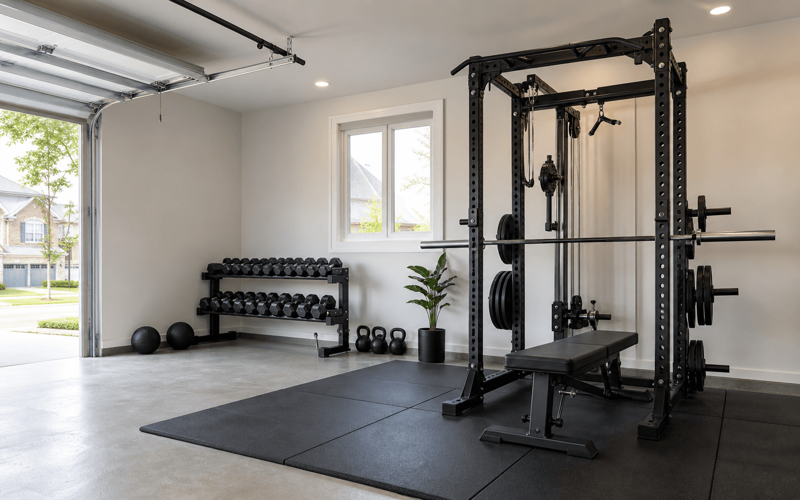 Private garage gym prepared for local training
